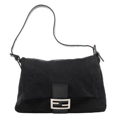 Fendi Zucchino Mamma Baguette shoulder bag in black nylon with leather trim, flap closure, silver-tone FF logo buckle, and adjustable strap against a white background.