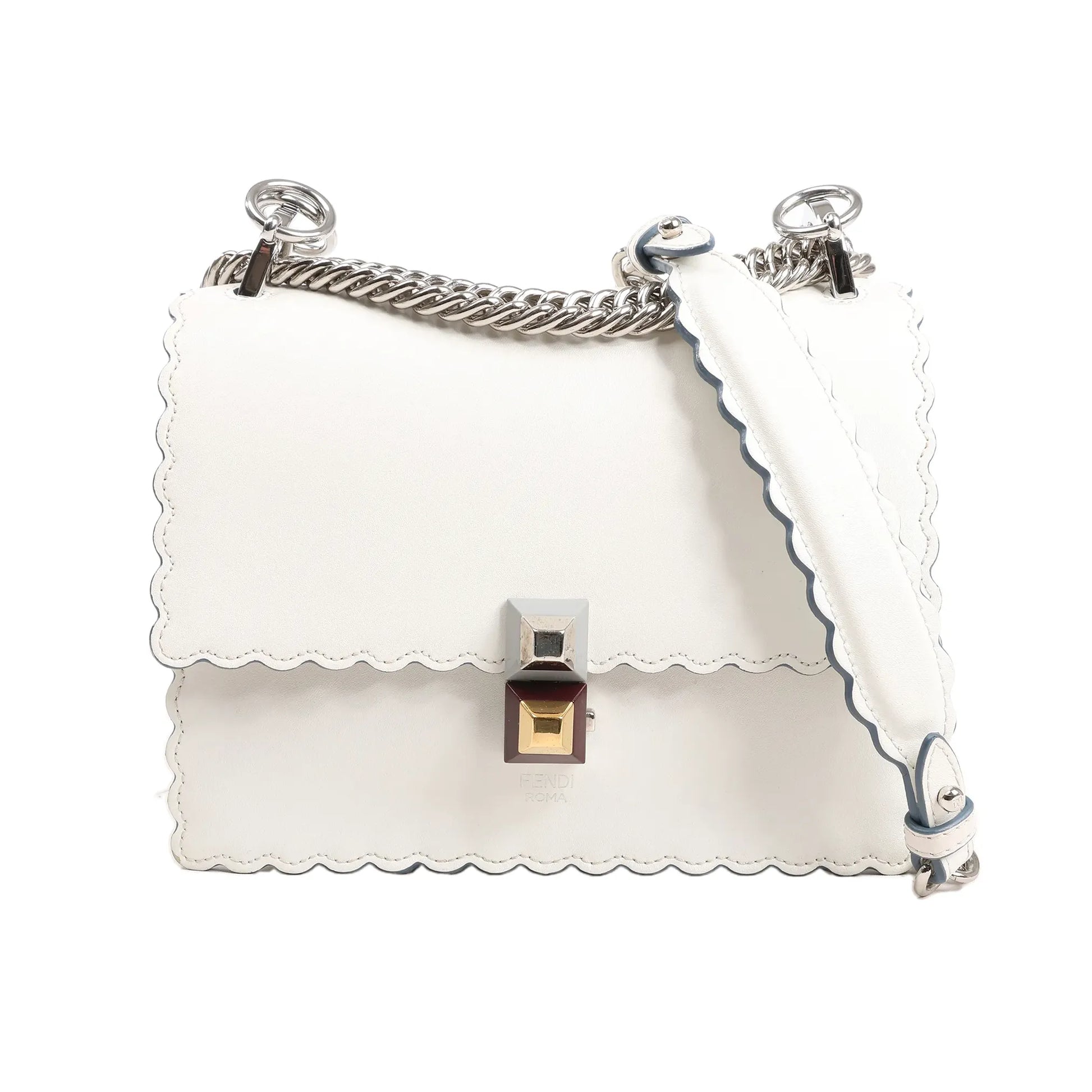 FENDI Mini Kan I Shoulder Bag 8M0381 in white leather with scalloped edges, silver-tone chain strap, structured silhouette, and two-tone geometric push-lock clasp.