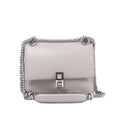 Fendi Kan I Mini gray leather crossbody bag with flap front, silver-tone chain strap, leather shoulder pad, and square clasp detail on white background.
