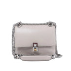 Fendi Kan I Mini gray leather crossbody bag with flap front, silver-tone chain strap, leather shoulder pad, and square clasp detail on white background.