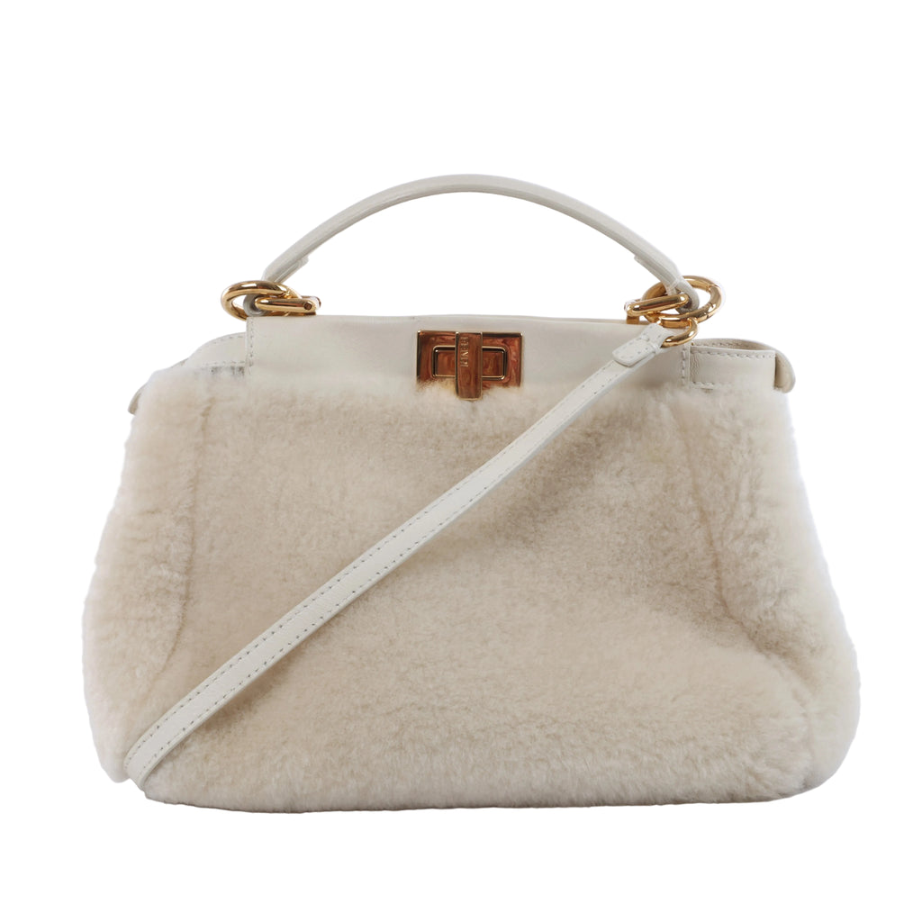 Fendi Mini Peekaboo handbag in white textured boa and leather with top handle, shoulder strap, structured sides and gold-tone hardware.
