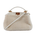 Fendi Mini Peekaboo handbag in white textured boa and leather with top handle, shoulder strap, structured sides and gold-tone hardware.