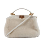 Fendi Mini Peekaboo handbag in white textured boa and leather with top handle, shoulder strap, structured sides and gold-tone hardware.