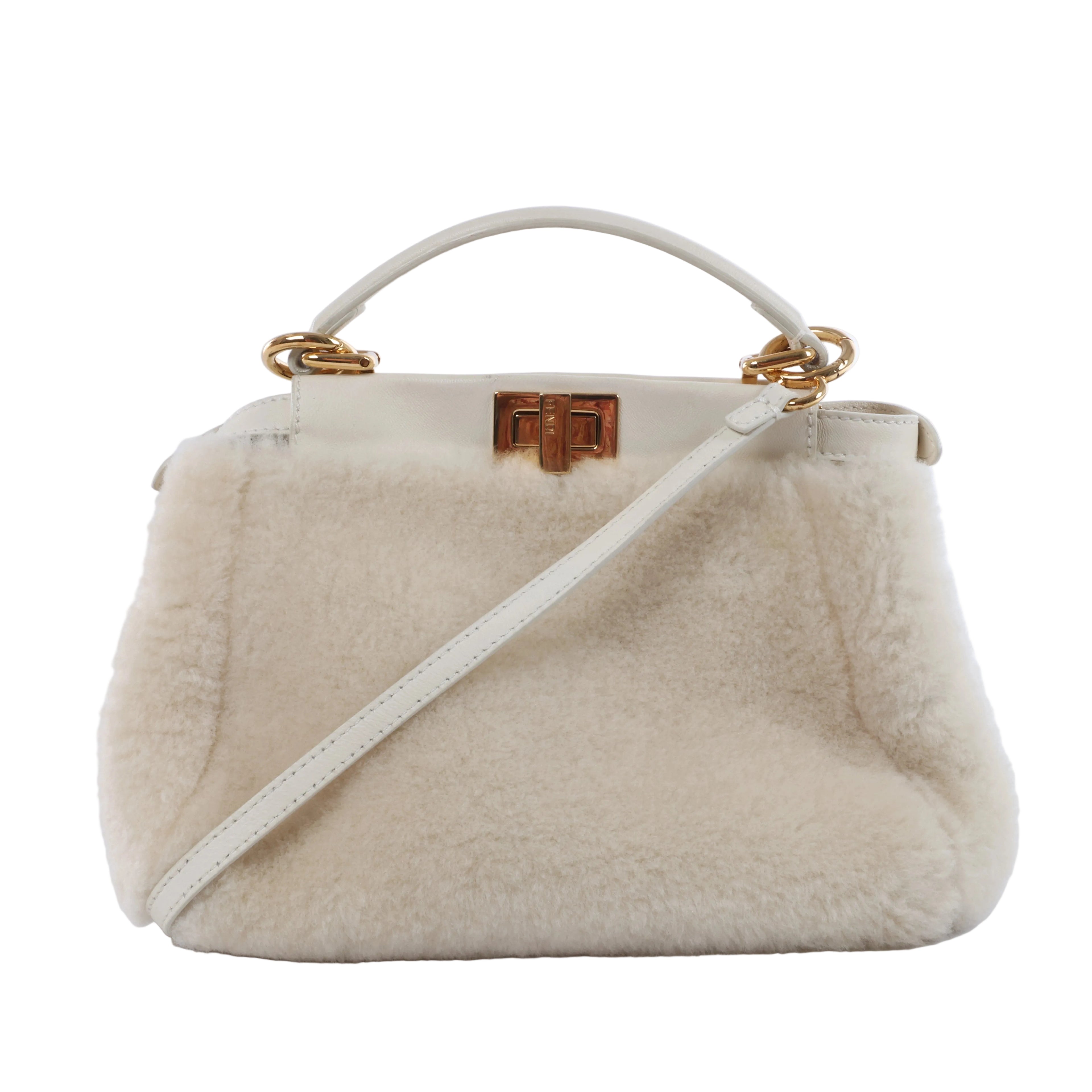 Fendi Mini Peekaboo handbag in white textured boa and leather with top handle, shoulder strap, structured sides and gold-tone hardware.