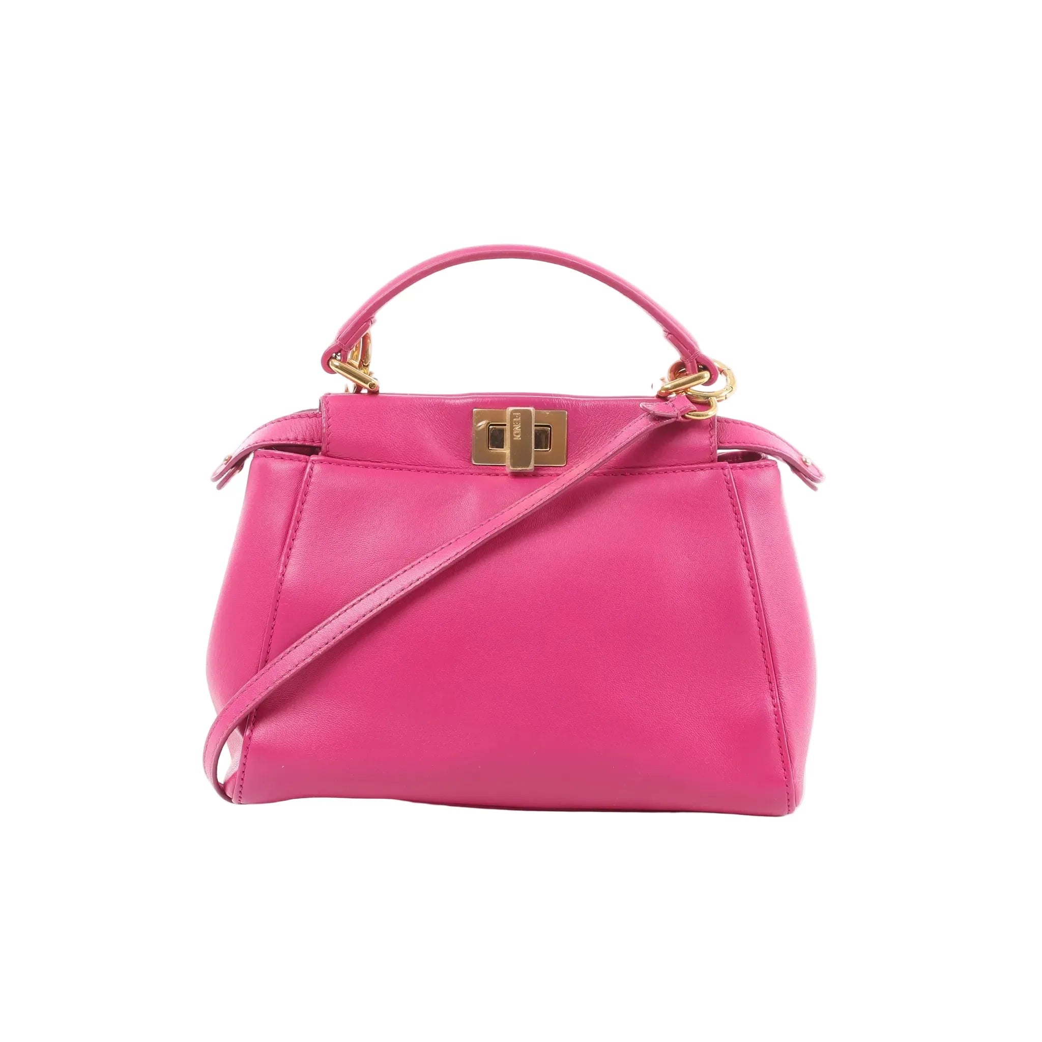 Pink Fendi Peekaboo Mini leather handbag with top handle, gold-tone twist-lock closure, and detachable shoulder strap.