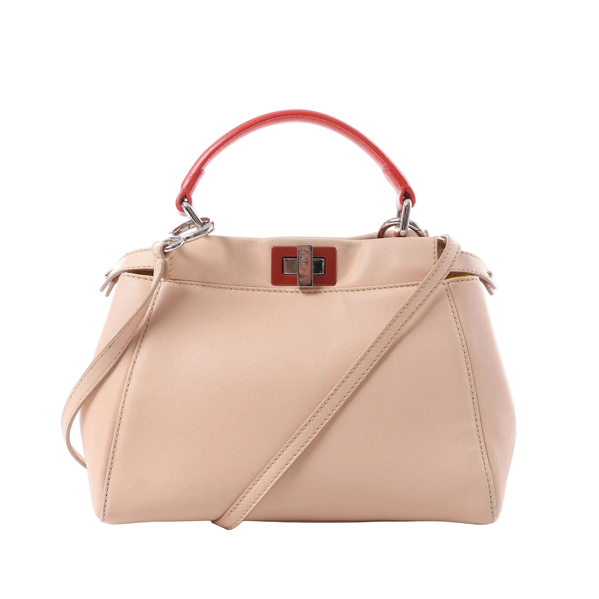 Fendi Peekaboo Mini handbag in soft pink leather with a coral top handle, silver-tone turn-lock closure and slim shoulder strap.