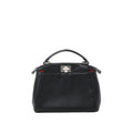 Front view of black leather top-handle handbag with silver-tone twist-lock clasp and subtle red interior detail on white background.