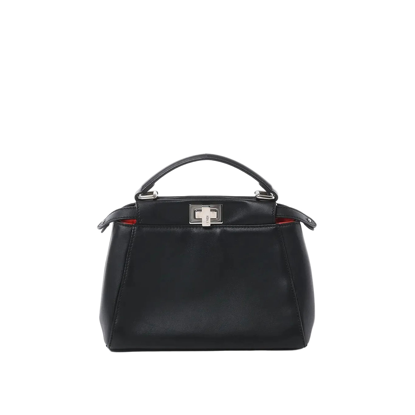 Front view of black leather top-handle handbag with silver-tone twist-lock clasp and subtle red interior detail on white background.