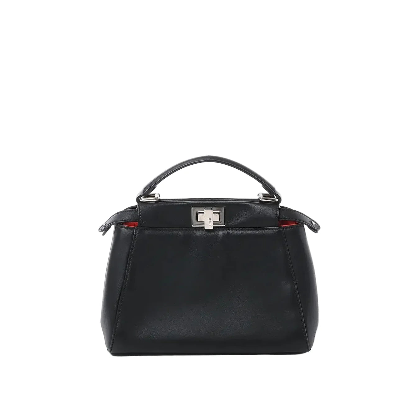 Front view of black leather top-handle handbag with silver-tone twist-lock clasp and subtle red interior detail on white background.