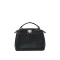 Front view of black leather top-handle handbag with silver-tone twist-lock clasp and subtle red interior detail on white background.