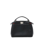 Front view of black leather top-handle handbag with silver-tone twist-lock clasp and subtle red interior detail on white background.