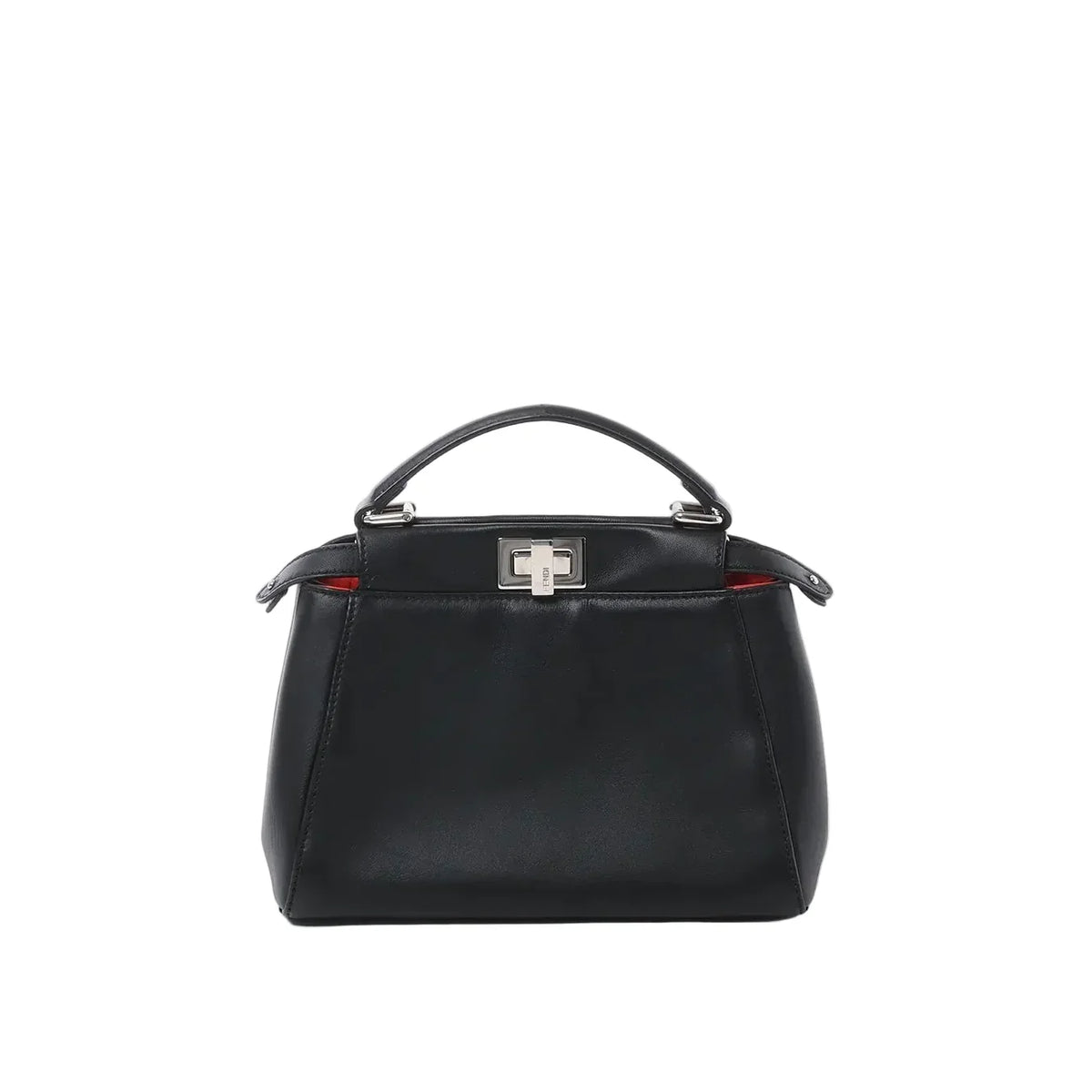 Front view of black leather top-handle handbag with silver-tone twist-lock clasp and subtle red interior detail on white background.