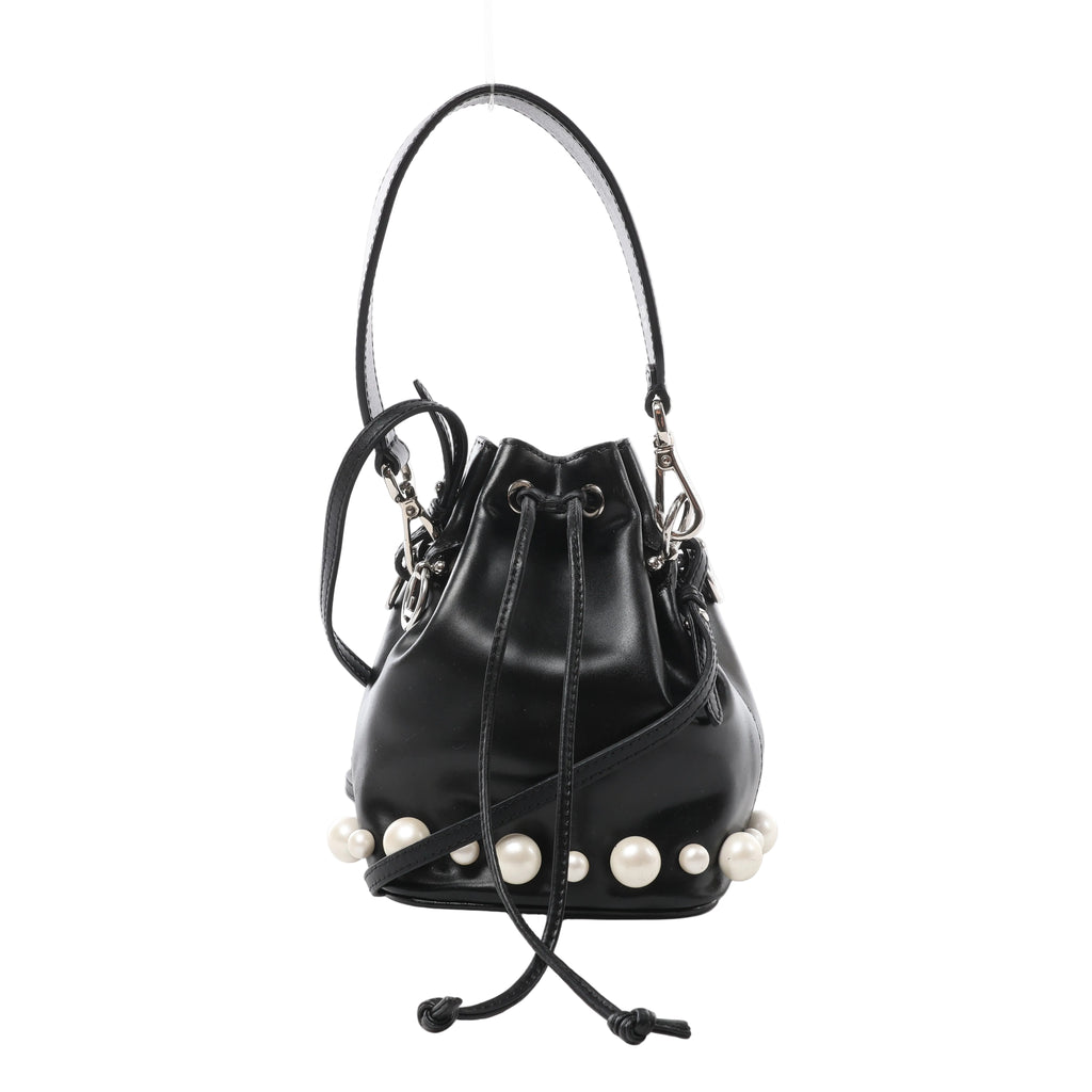 Fendi Mon Tresor Mini black leather bucket bag with white pearl-style embellishments around the base, drawstring ties, two straps and silver-tone hardware.