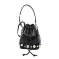Fendi Mon Tresor Mini black leather bucket bag with white pearl-style embellishments around the base, drawstring ties, two straps and silver-tone hardware.