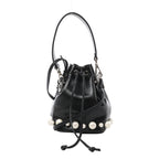 Fendi Mon Tresor Mini black leather bucket bag with white pearl-style embellishments around the base, drawstring ties, two straps and silver-tone hardware.