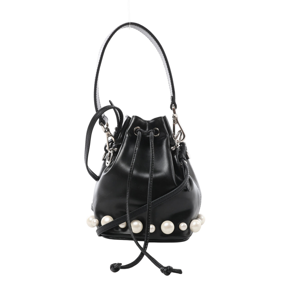 Fendi Mon Tresor Mini black leather bucket bag with white pearl-style embellishments around the base, drawstring ties, two straps and silver-tone hardware.