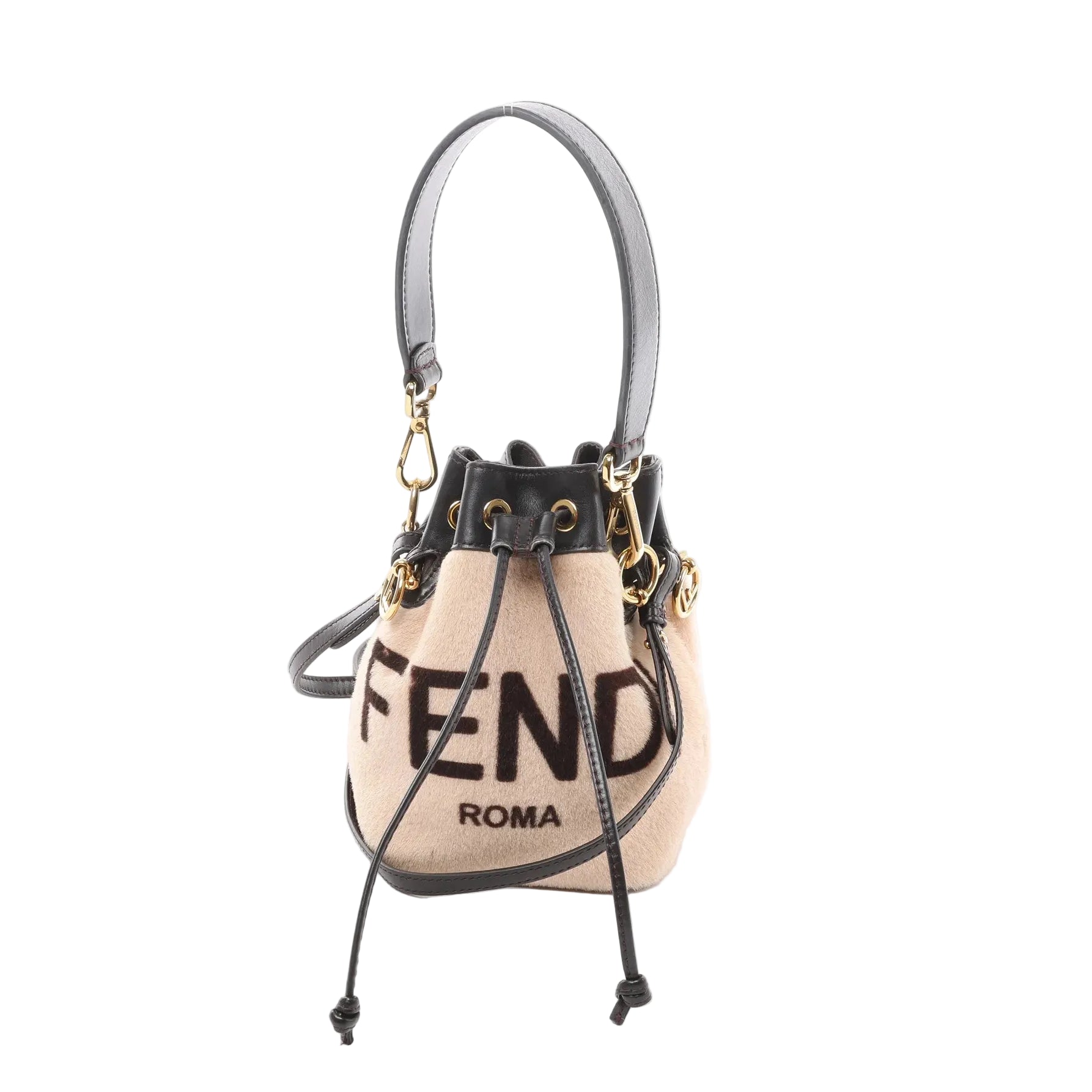 Beige Fendi Mon Tresor mini bucket bag with black leather trim, drawstring closure, FENDI ROMA lettering, top handle and crossbody strap, front view on white background.