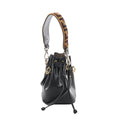 Black Fendi Mon Tresor mini leather bucket bag with drawstring closure, gold-tone hardware, and brown logo shoulder strap, front view on white background.