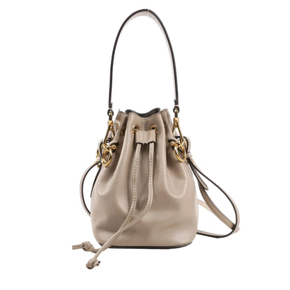 Fendi Mon Trésor Mini bucket bag 8BS010 in gray grained leather, featuring a drawstring closure, gold-tone hardware, top handle, and detachable adjustable crossbody strap.