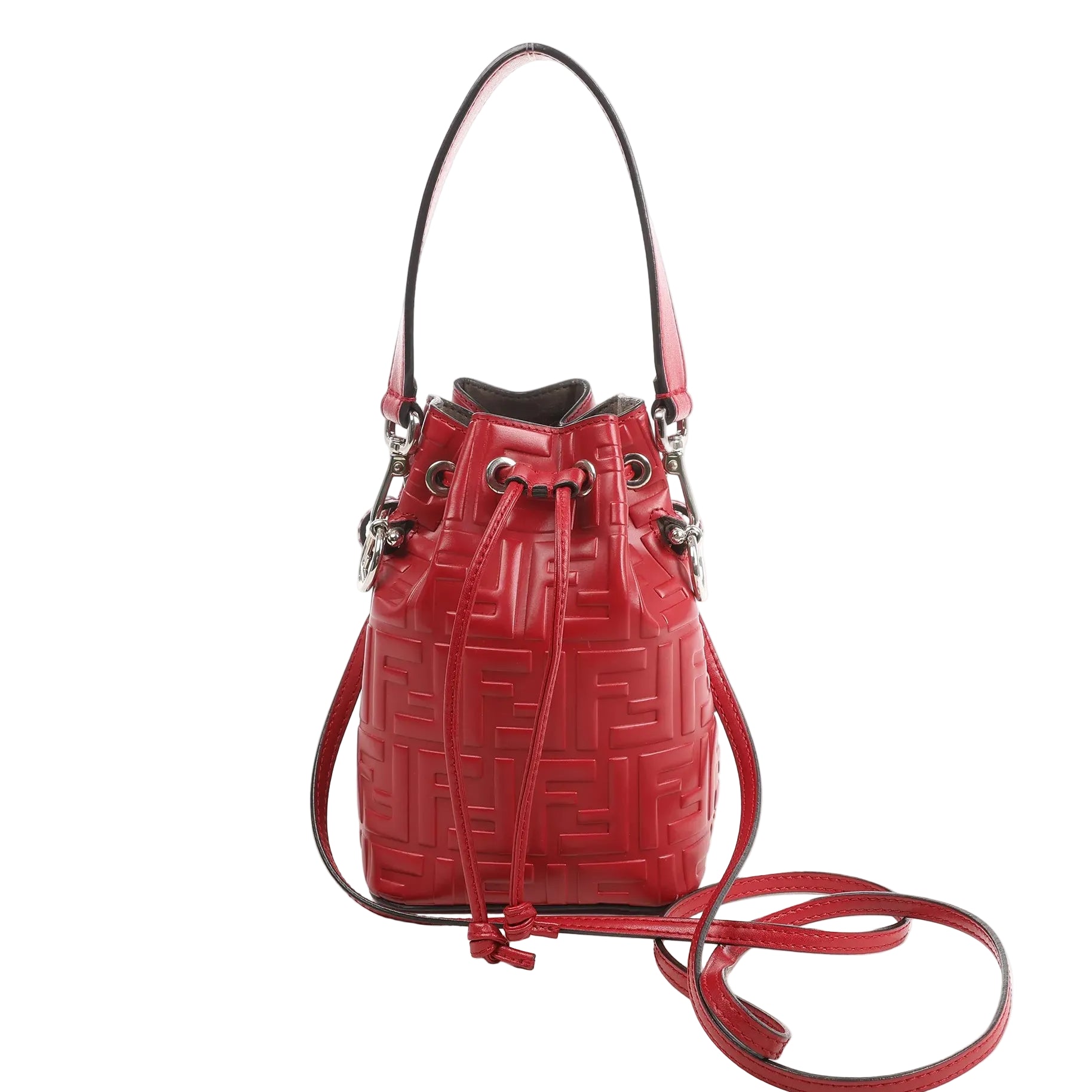 Fendi Mon Tresor Mini 8BS010 shoulder bag in red embossed leather with FF logo pattern, drawstring closure, top handle, and detachable crossbody strap.