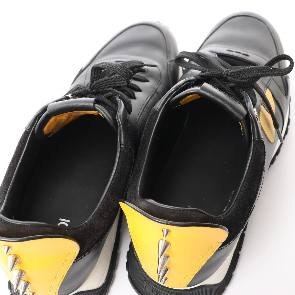 Fendi Monster Bug's Eye Studs Leather Sneakers in Black x Yellow, Size 41 EU