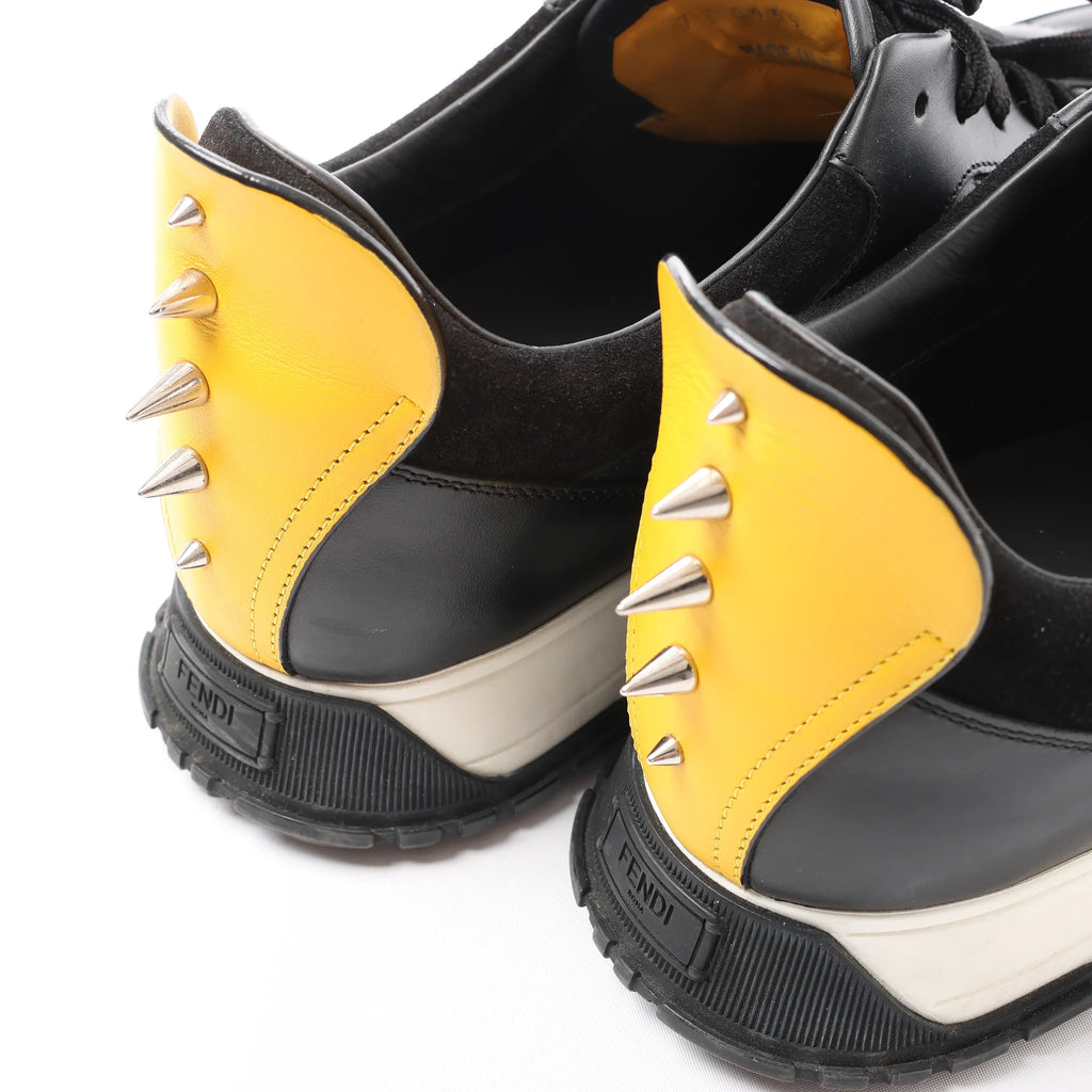 Fendi Monster Bug's Eye Studs Leather Sneakers in Black x Yellow, Size 41 EU