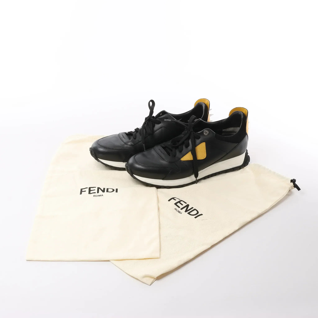 Fendi Monster Bug's Eye Studs Leather Sneakers in Black x Yellow, Size 41 EU