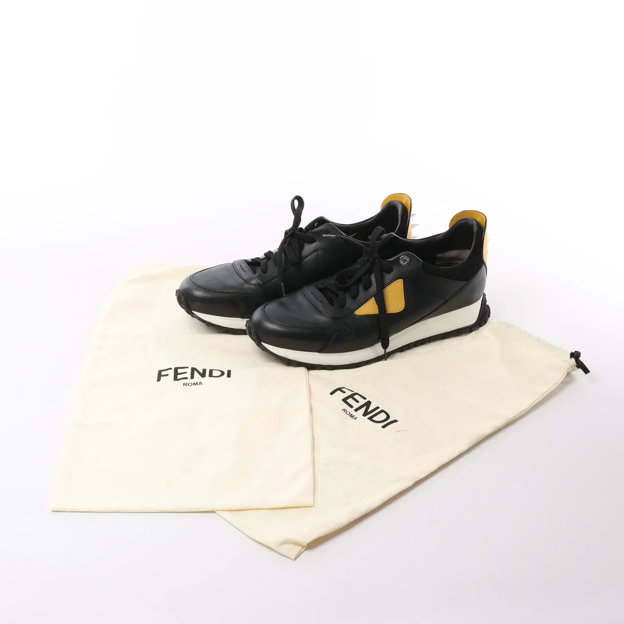 Fendi Monster Bug's Eye Studs Leather Sneakers in Black x Yellow, Size 41 EU