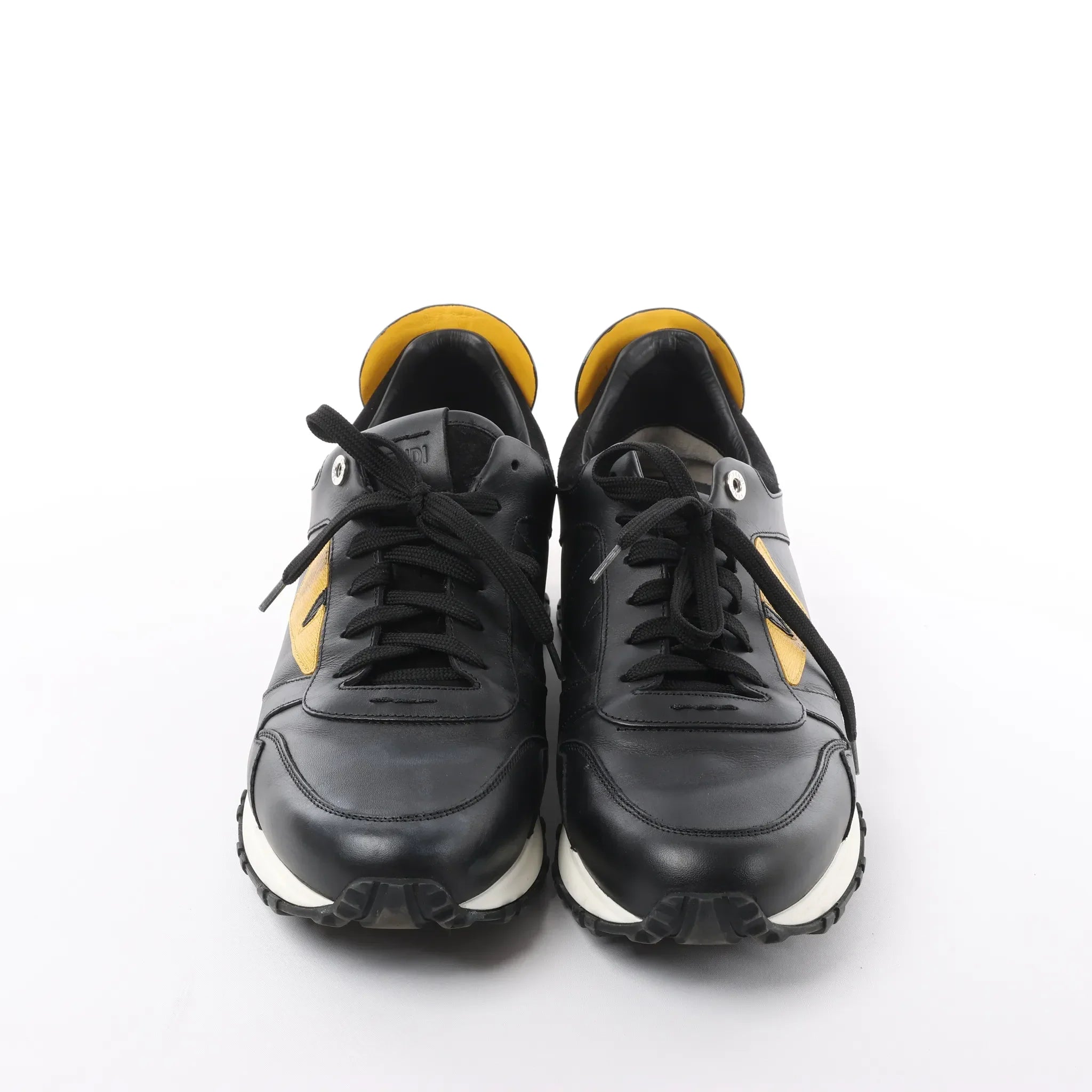 Fendi Monster Bug's Eye Studs Leather Sneakers in Black x Yellow, Size 41 EU