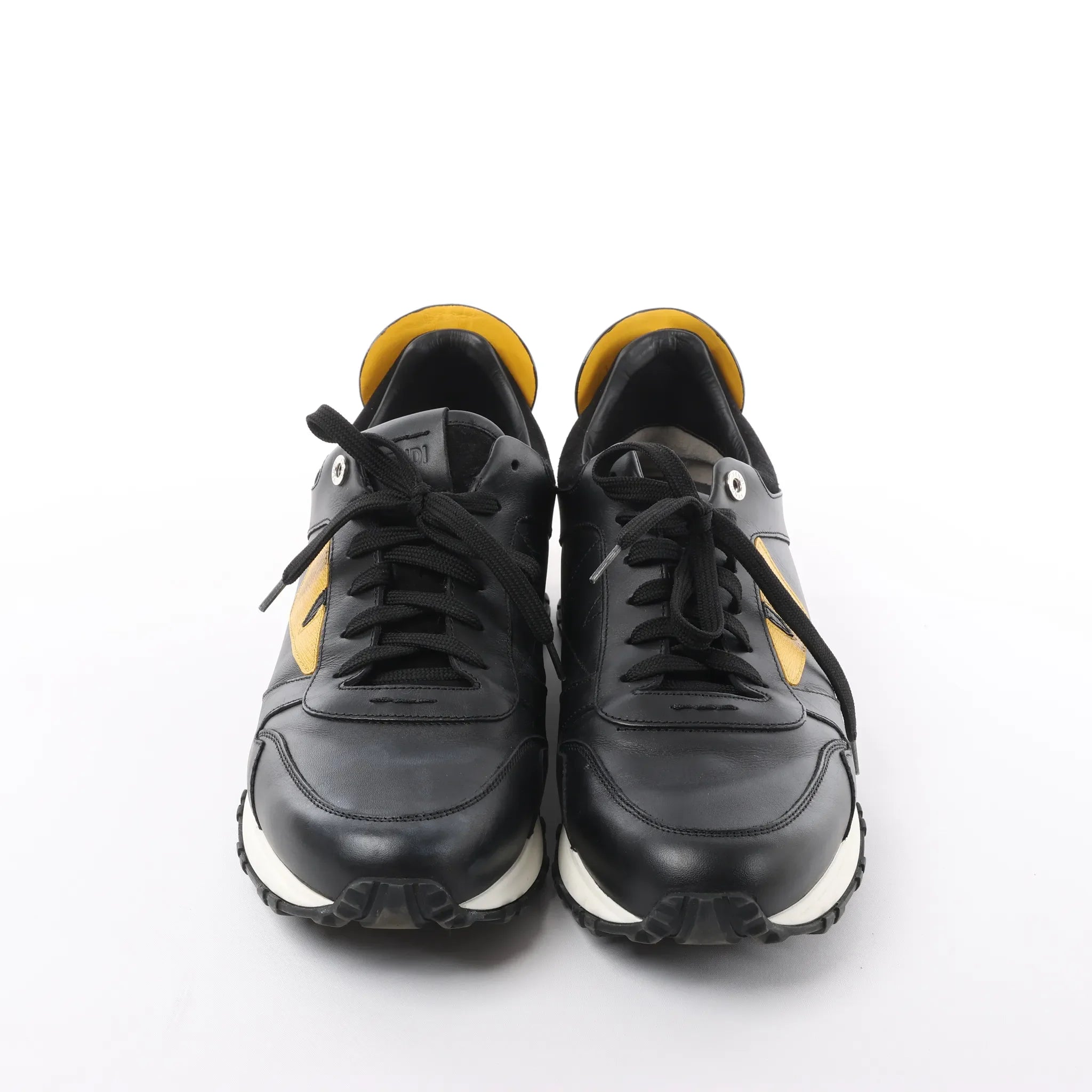 Fendi Monster Bug's Eye Studs Leather Sneakers in Black x Yellow, Size 41 EU