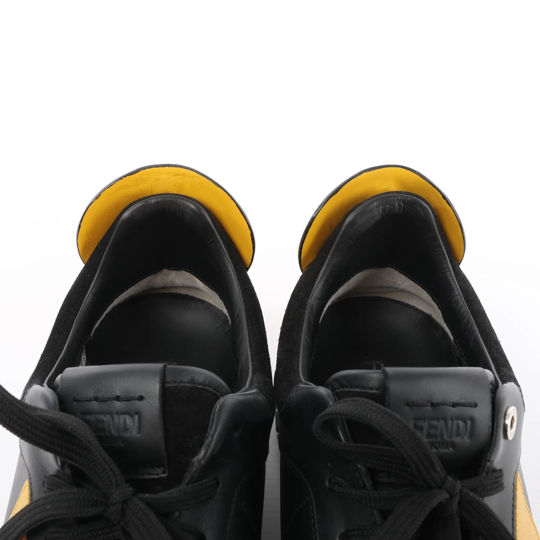 Fendi Monster Bug's Eye Studs Leather Sneakers in Black x Yellow, Size 41 EU
