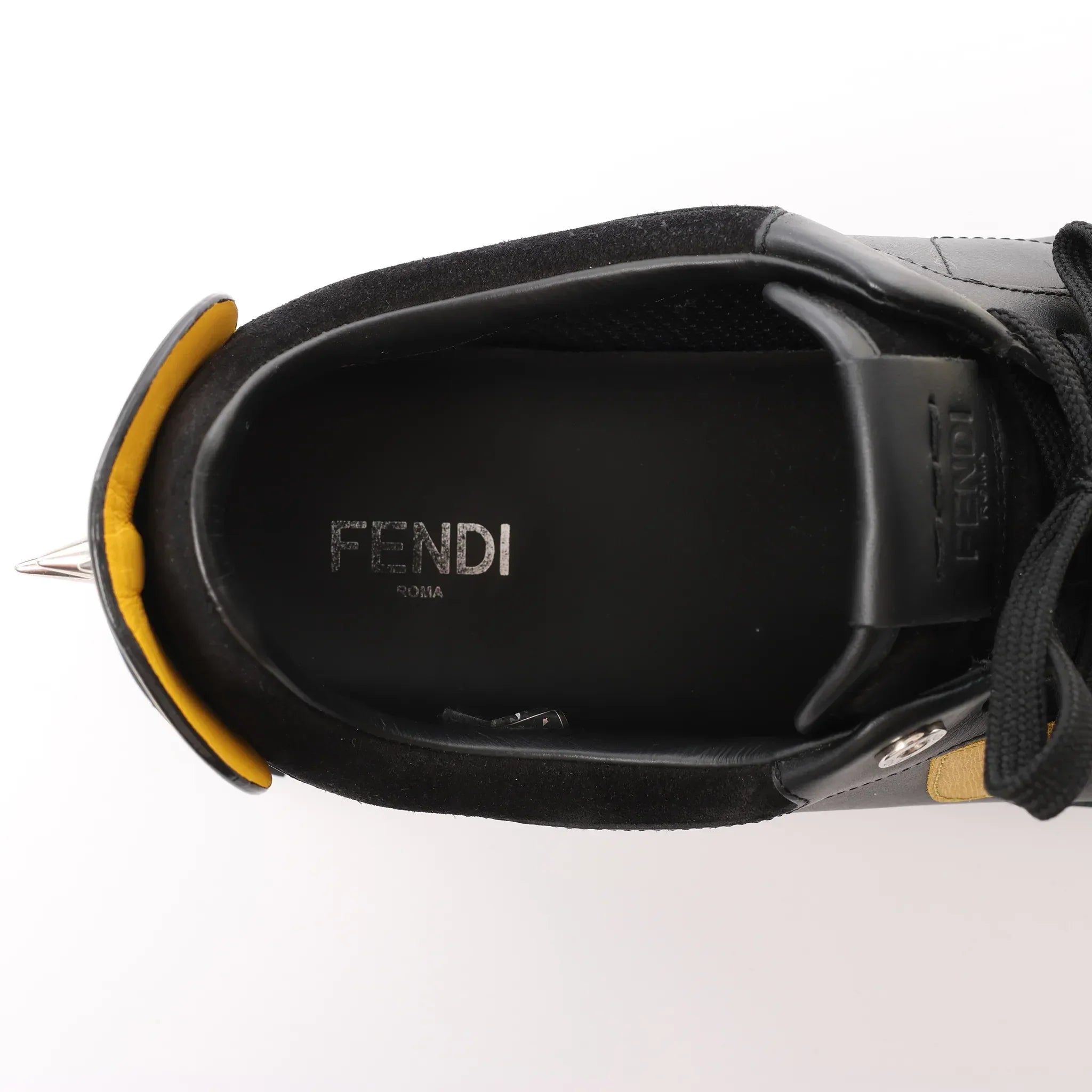 Fendi Monster Bug's Eye Studs Leather Sneakers in Black x Yellow, Size 41 EU