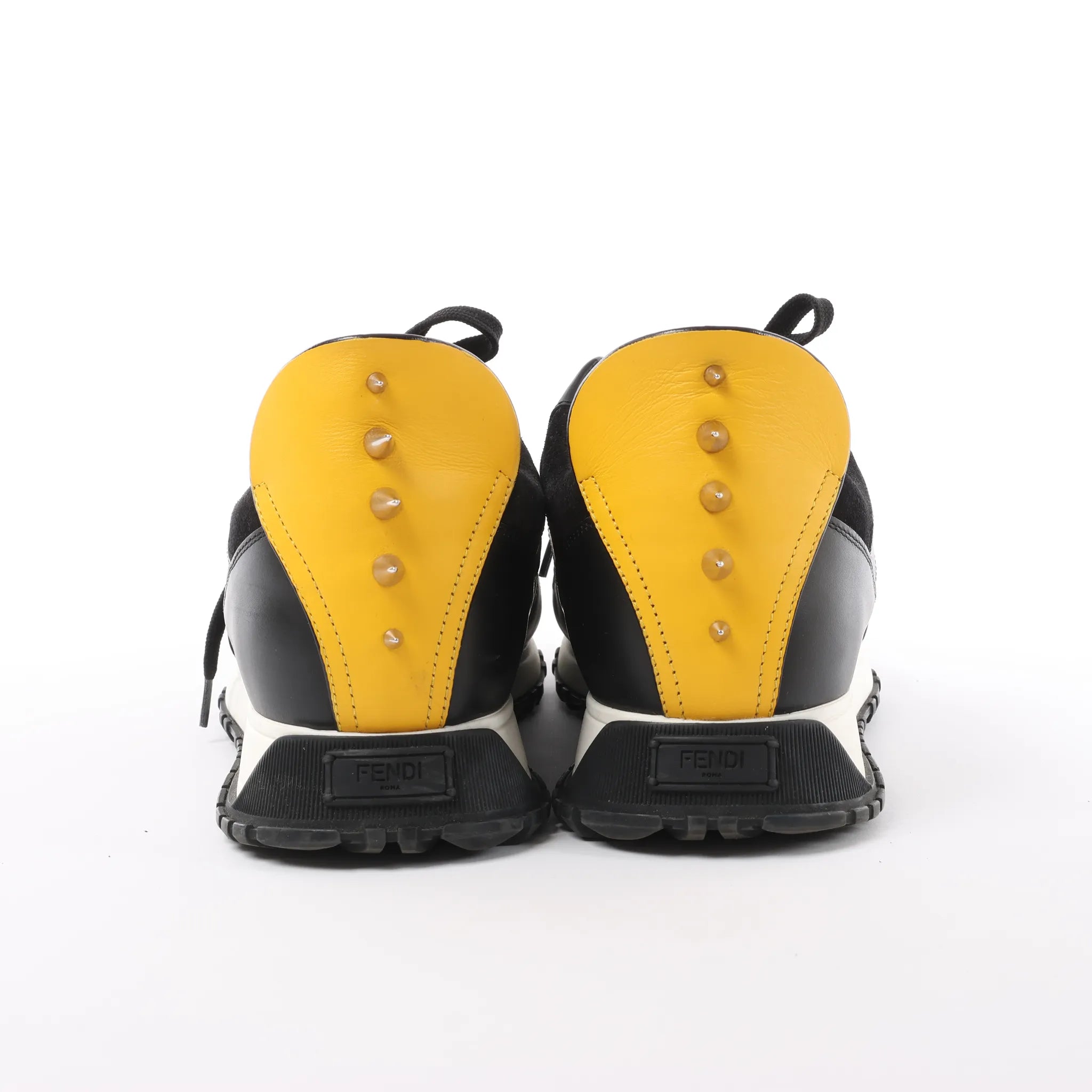 Fendi Monster Bug's Eye Studs Leather Sneakers in Black x Yellow, Size 41 EU