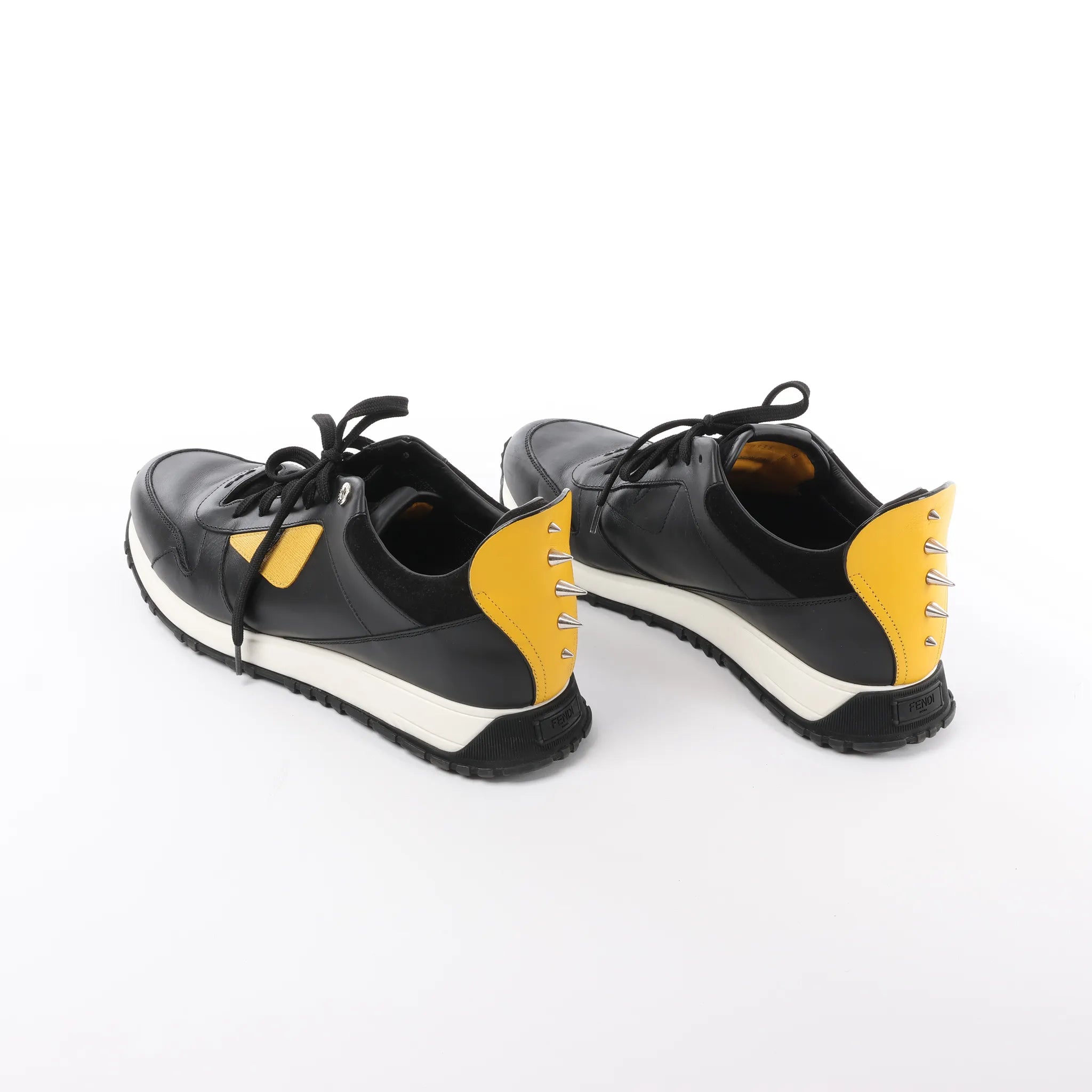 Fendi Monster Bug's Eye Studs Leather Sneakers in Black x Yellow, Size 41 EU