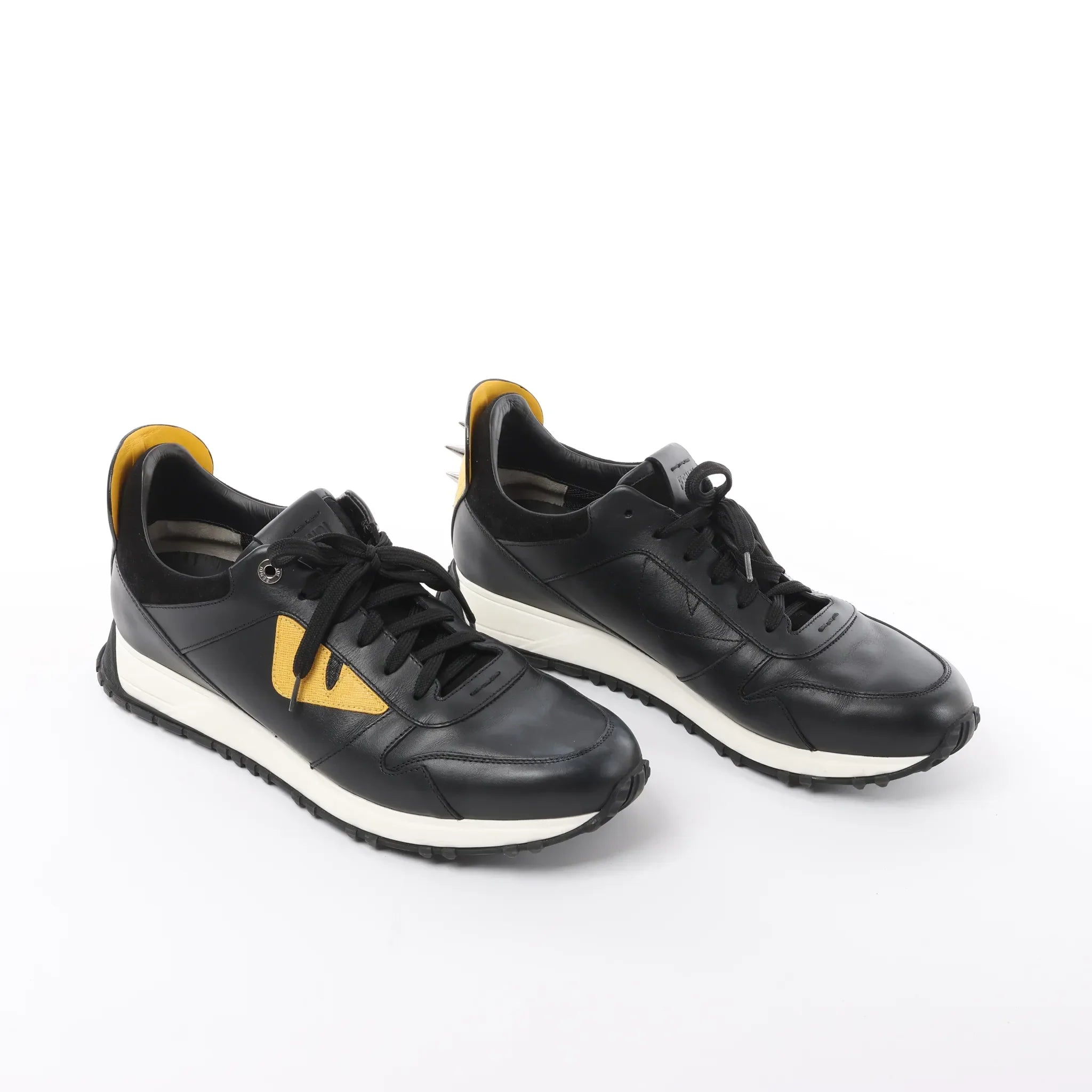 Fendi Monster Bug's Eye Studs Leather Sneakers in Black x Yellow, Size 41 EU
