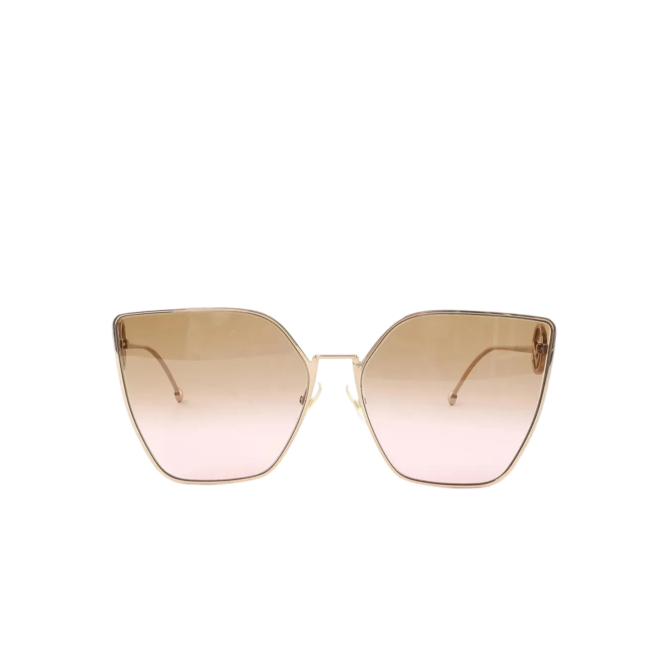 Front view of oversized cat-eye sunglasses with gold-tone metal frame and gradient brown-to-pink lenses on a white background.