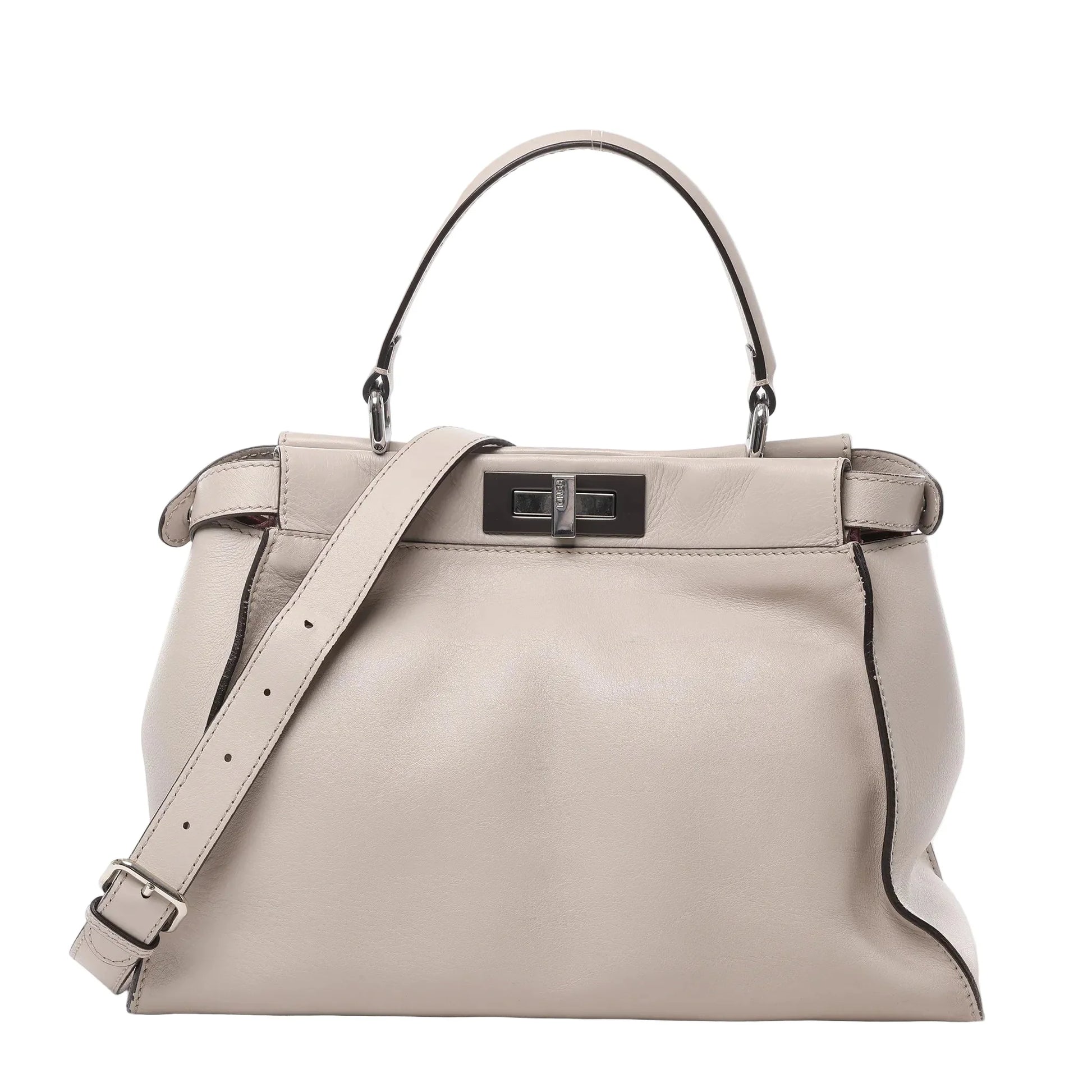 Front view of Fendi Peekaboo Regular Leather 2Way Handbag 8BN290 in light greige, featuring smooth leather exterior, top handle, detachable shoulder strap, and silver-tone twist-lock closure against a white background.
