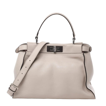 Front view of Fendi Peekaboo Regular Leather 2Way Handbag 8BN290 in light greige, featuring smooth leather exterior, top handle, detachable shoulder strap, and silver-tone twist-lock closure against a white background.