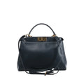 Front view of Fendi Peekaboo Regular handbag in navy leather with top handle, gold-tone turn-lock closure, and adjustable shoulder strap.