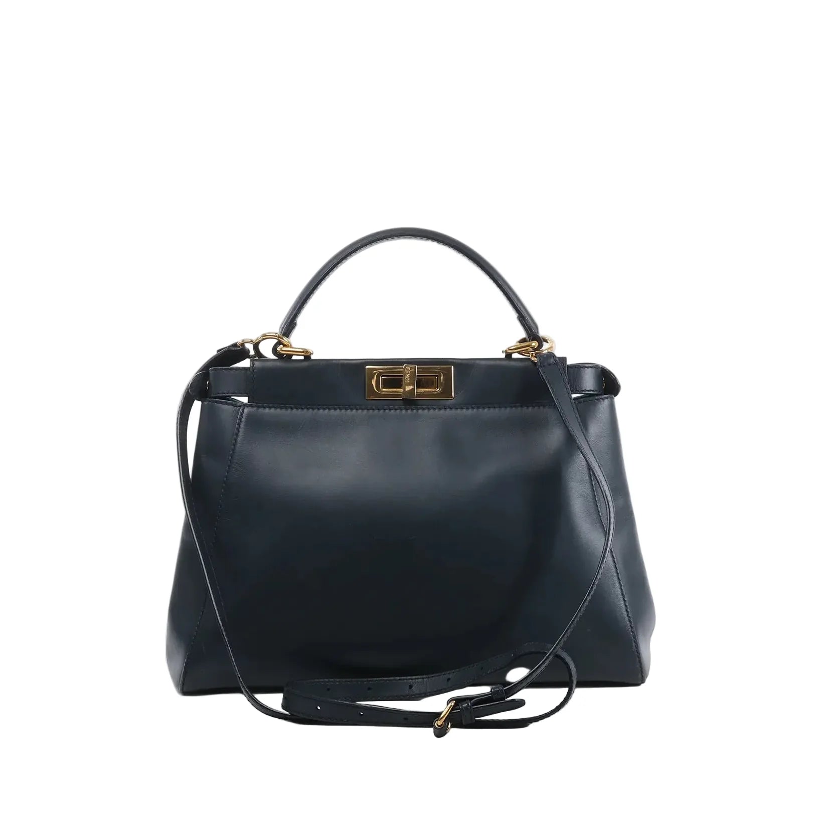 Front view of Fendi Peekaboo Regular handbag in navy leather with top handle, gold-tone turn-lock closure, and adjustable shoulder strap.