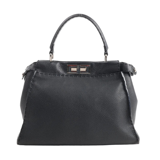 Fendi Peekaboo Regular 8BN226 handbag in black grained leather featuring a structured silhouette, top handle, and silver-tone turn-lock closure.