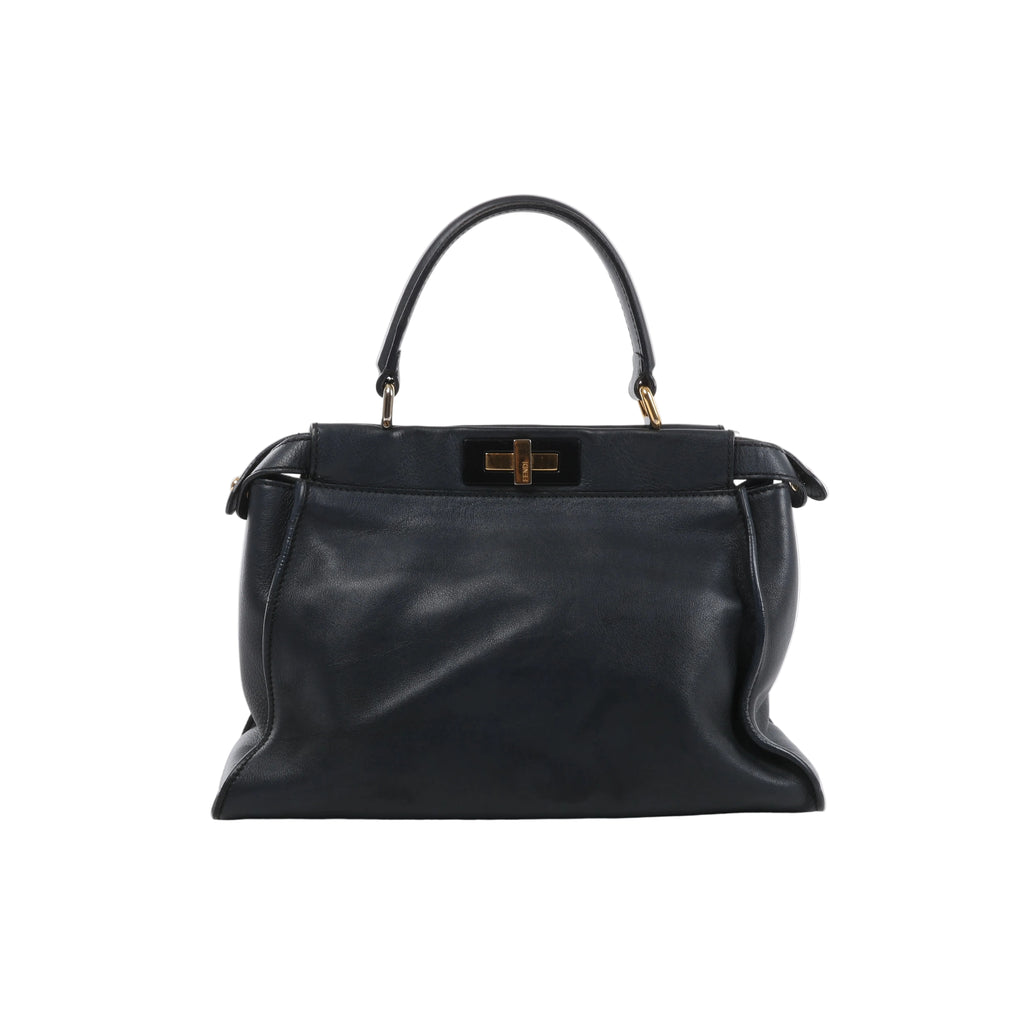 Navy blue Fendi Peekaboo Regular leather handbag with curved top handle, soft structured body and gold-tone turn-lock hardware.