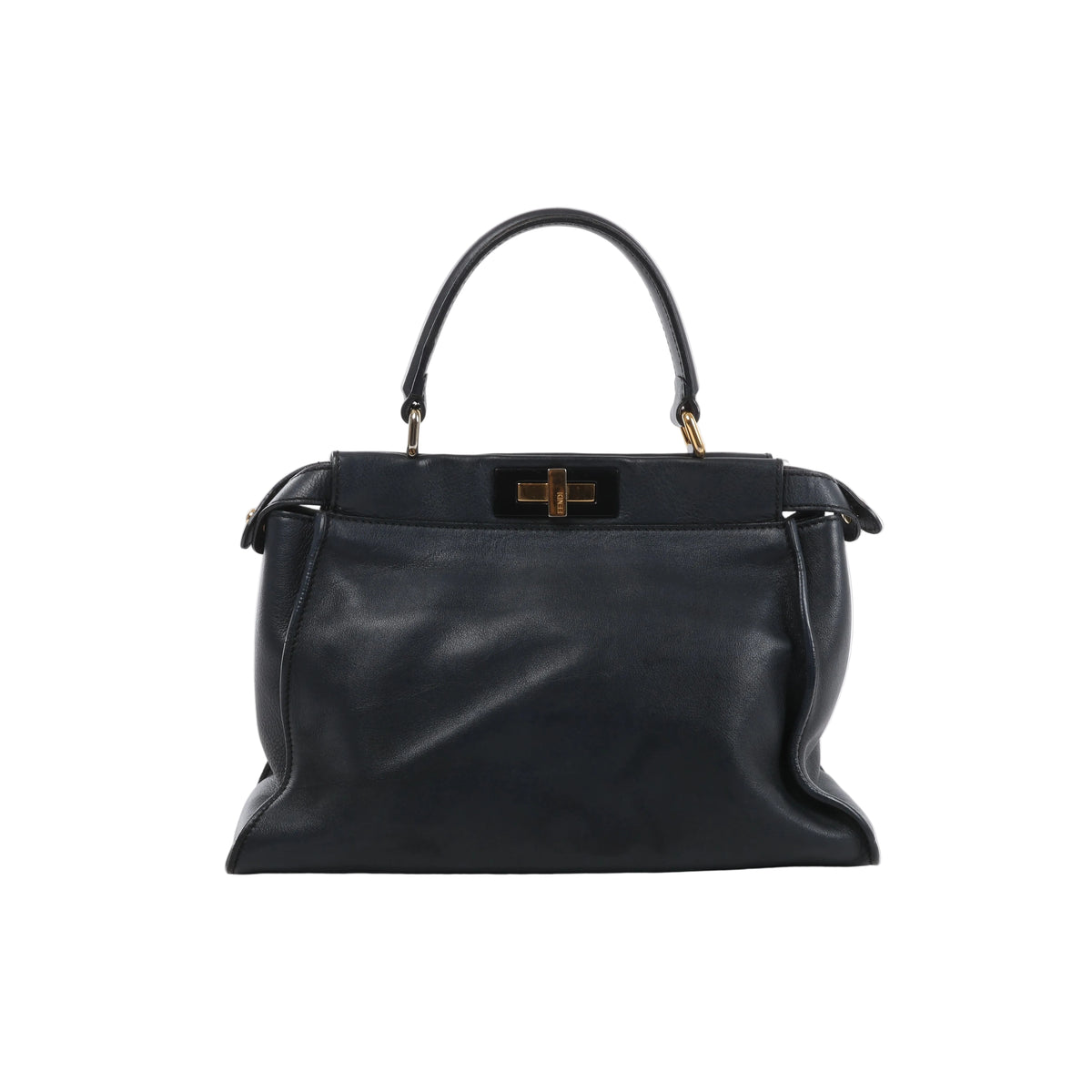 Navy blue Fendi Peekaboo Regular leather handbag with curved top handle, soft structured body and gold-tone turn-lock hardware.
