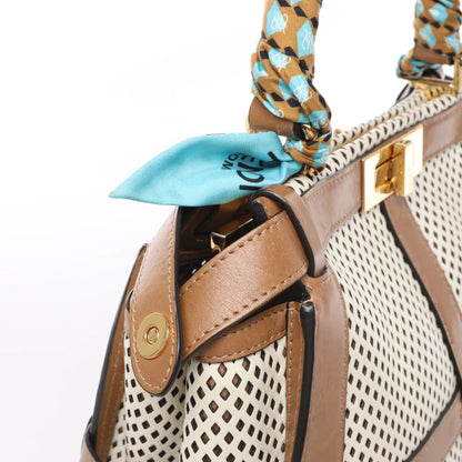 Fendi Peekaboo Regular Perforated Leather 2Way Handbag in Brown x Beige 8BN290