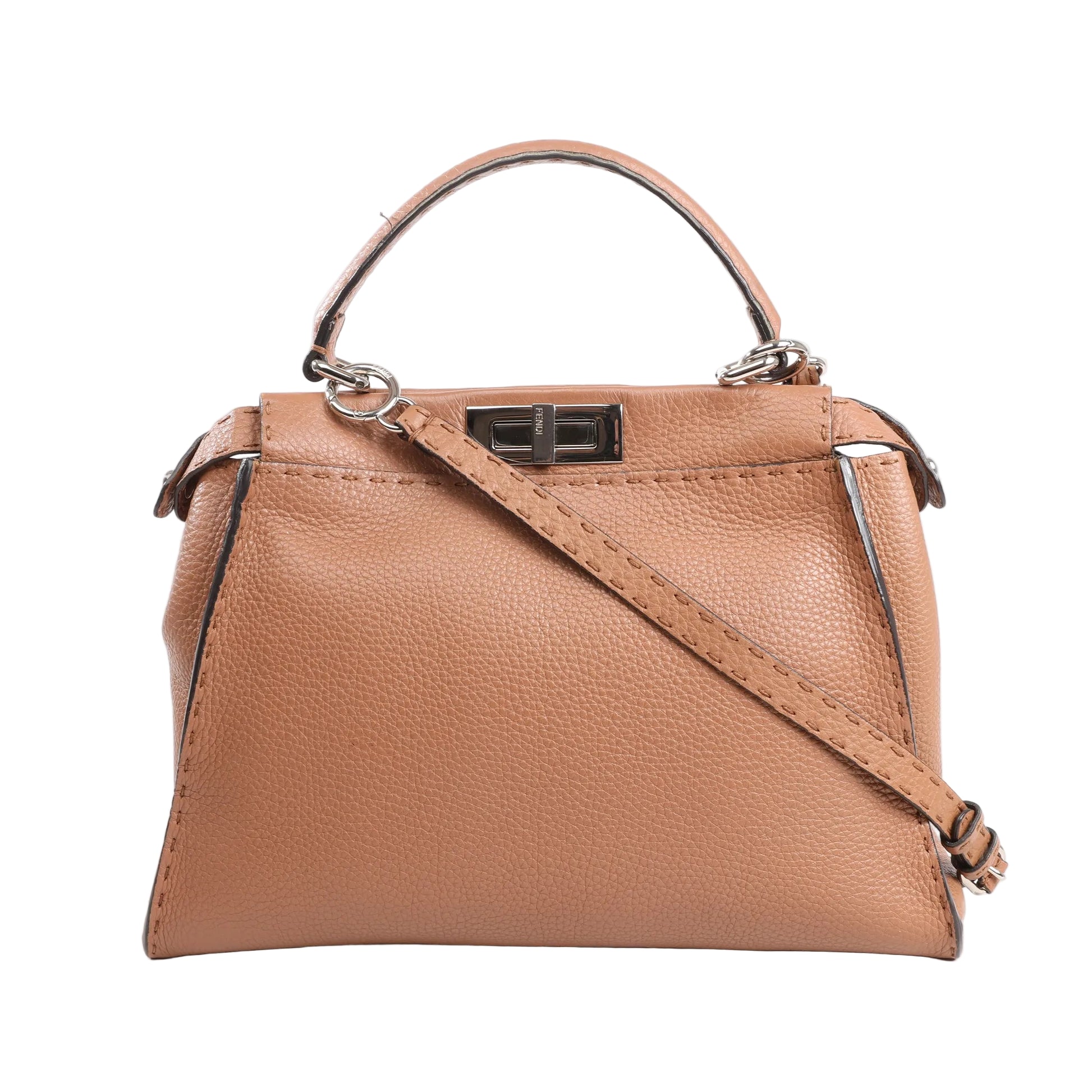 Fendi Peekaboo Regular Selleria 2Way Handbag in brown textured leather with silver-tone hardware, top handle, and detachable shoulder strap.