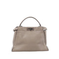 Fendi Peekaboo Regular Selleria leather handbag in greige with top handle and turn-lock closure, product photo.