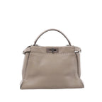 Fendi Peekaboo Regular Selleria leather handbag in greige with top handle and turn-lock closure, product photo.
