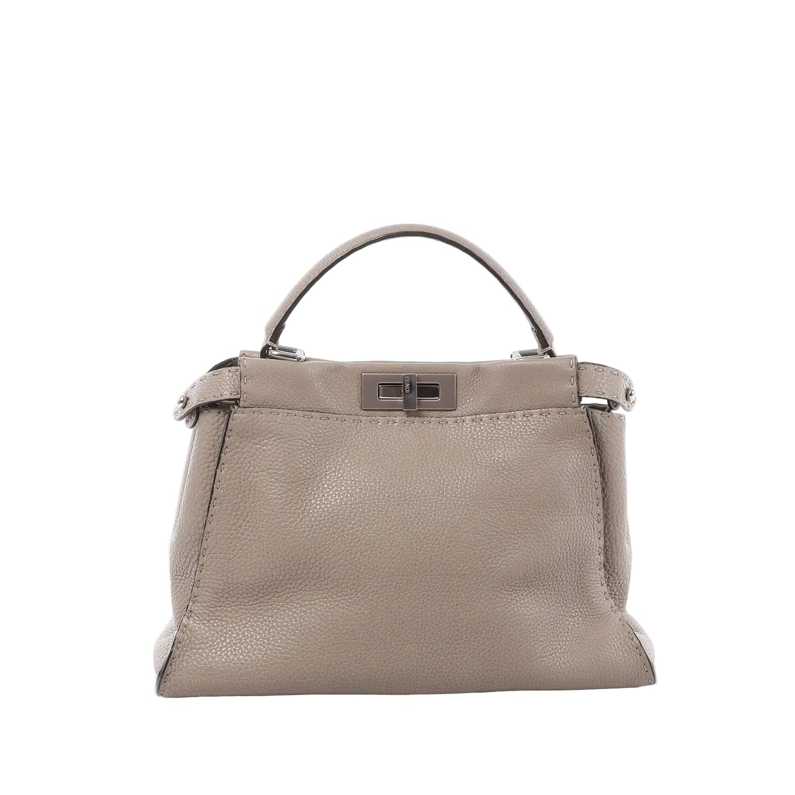 Fendi Peekaboo Regular Selleria leather handbag in greige with top handle and turn-lock closure, product photo.