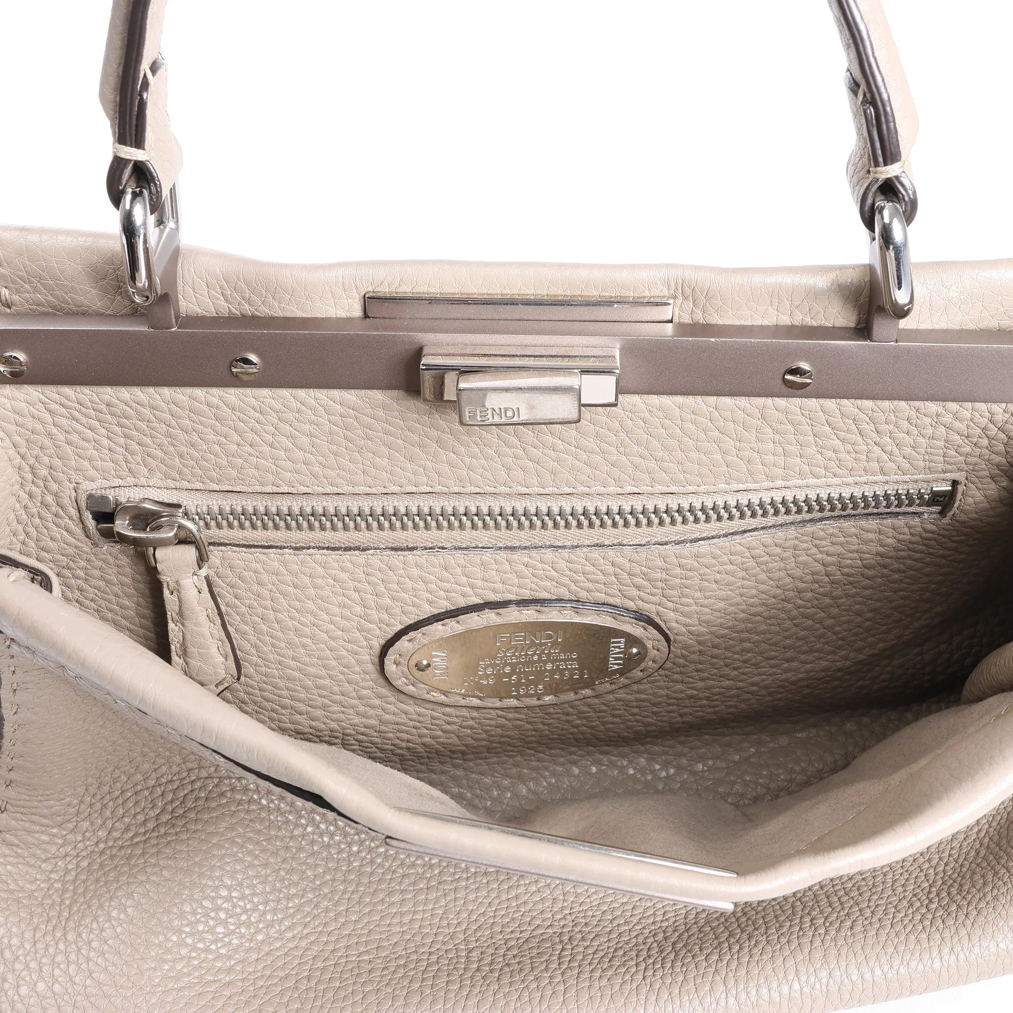 Fendi Peekaboo Regular Selleria Leather Handbag in Greige 8BN290