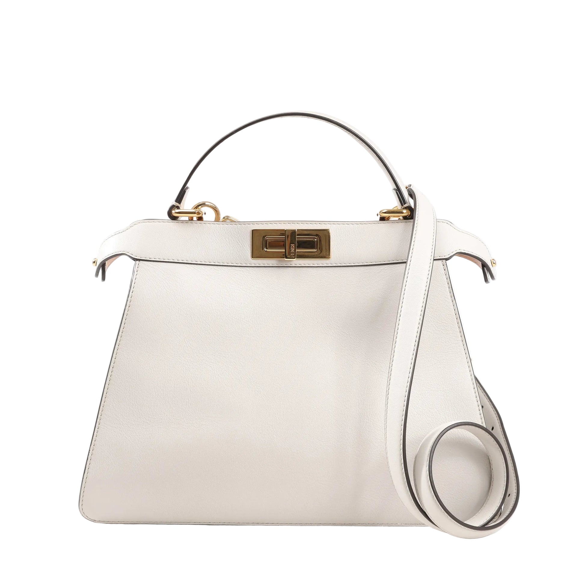 Front view of a Fendi Peekaboo Medium 8BN321 handbag in light gray leather, featuring a structured silhouette, gold-tone turn-lock closure, top handle, and detachable shoulder strap.